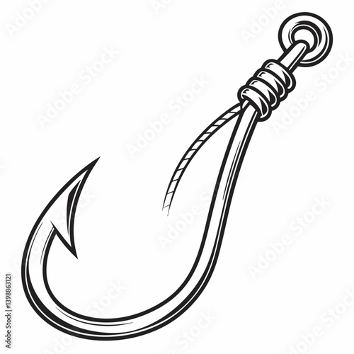 Black and White Fishing Hook Vector Line Art Angling Tackle Graphic Simple Design Clipart