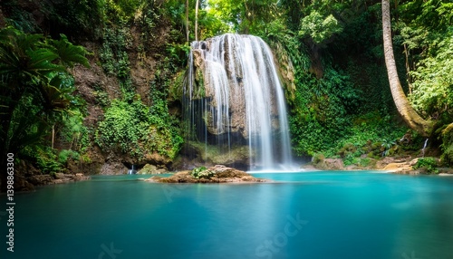 lush tropical paradise waterfall cascading into a tranquil pool