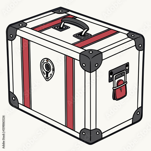 Retro White Trunk with Red Stripes and Black Corners Luggage Illustration