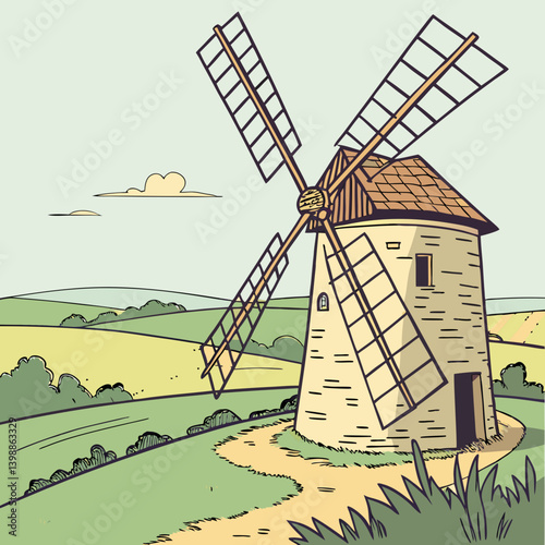 Cartoon Windmill Illustration - Countryside Landscape Vector Art with Green Fields Path and Blue Sky - Rural Scene Image
