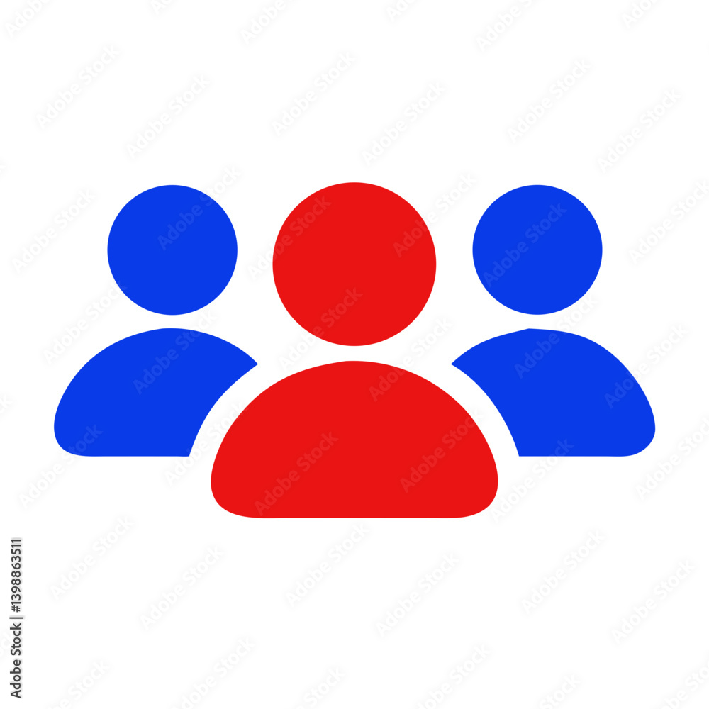 Icon representing three people, two in blue and one in red Icon representing three people, two in blue and one in red