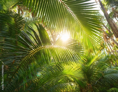 sunlight shining through lush palm fronds