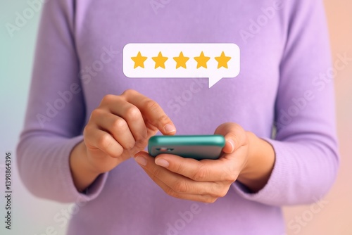Client using mobile phone is leaving positive feedback, giving five star rating for excellent customer service and satisfaction with the product