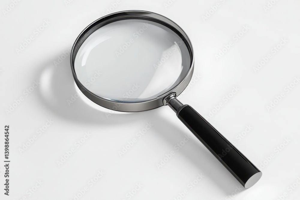 Magnifying glass with handle on a white surface close up view Magnifying glass with handle on a white surface close up view