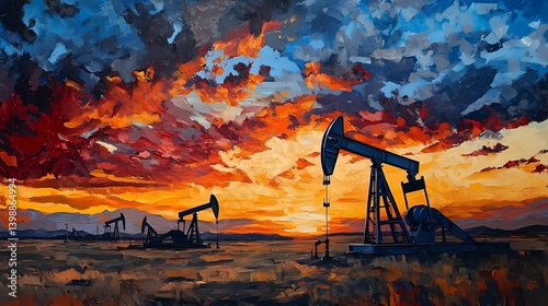 Oil pumpjacks silhouetted against a dramatic sunset sky in a wide, arid landscape, symbolizing energy extraction, industry, and the relentless rhythm of crude oil production