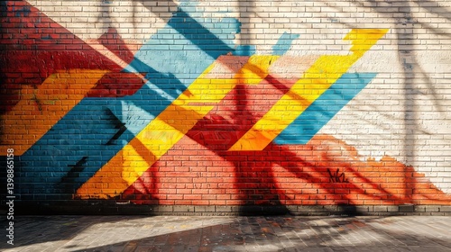Geometric abstract mural red, orange, yellow, blue on brick wall