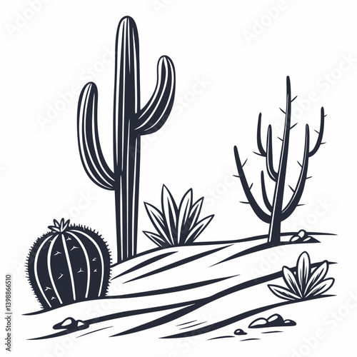 Black and White Desert Landscape Vector Cactus Illustration Saguaro Barrel Prickly Pear