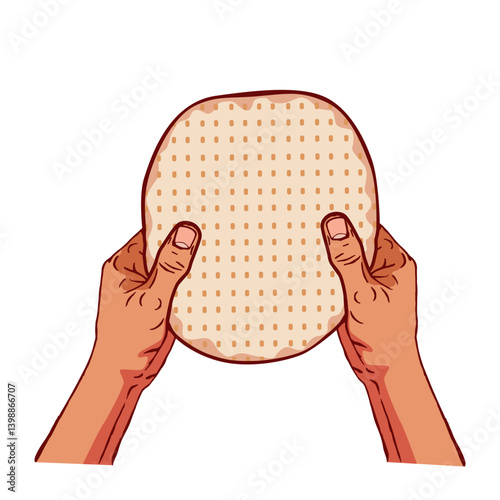 A man holds Matzah flatbread in hands to divide into pieces and distribute among family members. Passover holiday. Vector graphic color  hand drawn cartoon illustration.