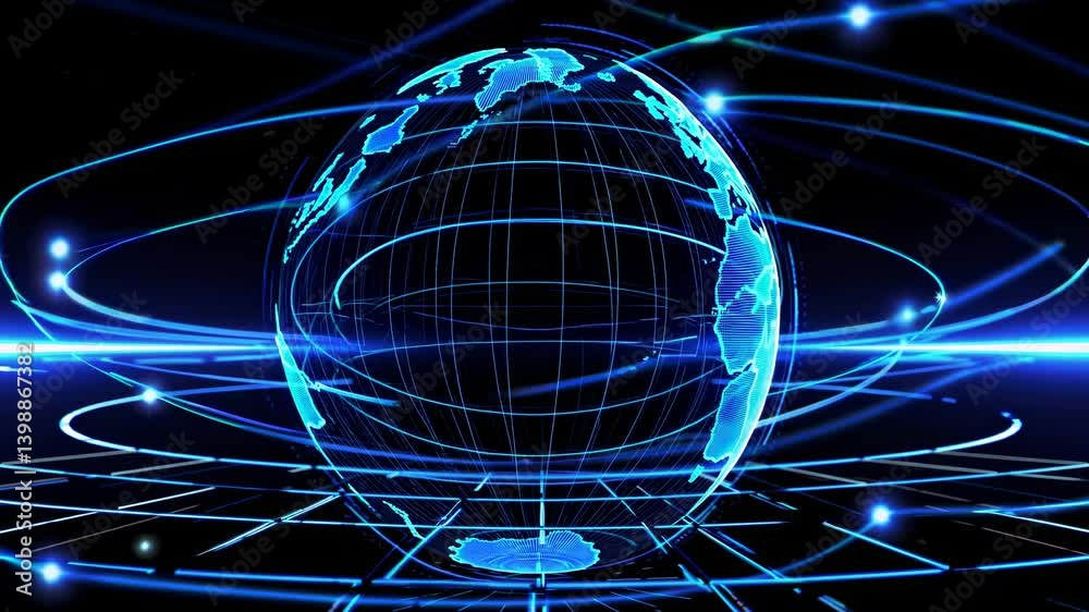 Futuristic video concept of a glowing digital Earth with a grid overlay. Aerial angle highlights interconnected networks and global technology themes.