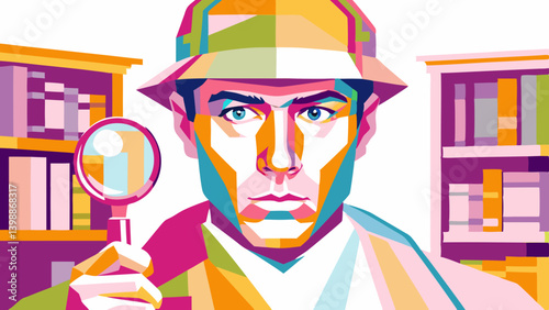 Pop art detective illustration for books, puzzles, analytics
Colorful retro detective with magnifying glass, fits mystery books, puzzle games, analytics branding, or escape room concepts.