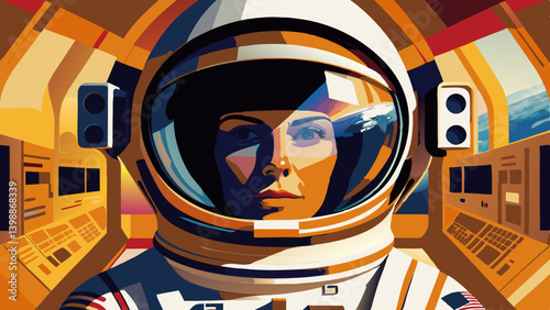 Stylized astronaut portrait with futuristic helmet design. Space explorer looking forward in artistic rendering. Concept: space tourism, sci-fi entertainment, tech innovation, woman, gender equality