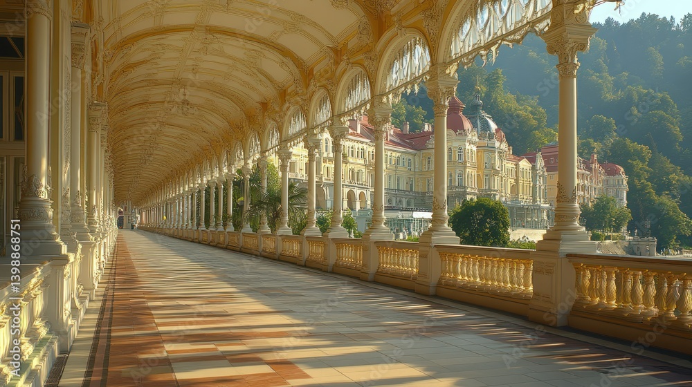 Fototapeta premium Elegant colonnaded walkway leads to a picturesque spa town. Sunlight streams through arches onto a paved walkway, showcasing historical architecture and lush green hills beyond
