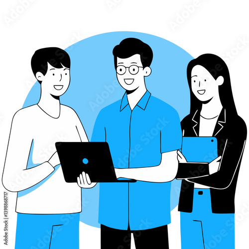 Three colleagues collaborating with a laptop on a blue background