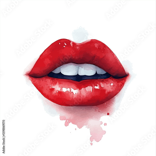 watercolor of Red Lipstick Kiss Mark, vector, isolated on a white background.