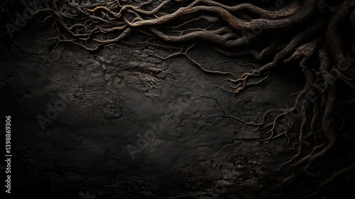 A dark, textured surface with intricate patterns  tree roots. The image is moody and mysterious, evoking themes of nature, depth, and the hidden aspects of life. texture background