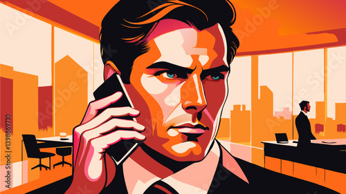 Young entrepreneur talking on smartphone in contemporary setting. Dynamic business portrait capturing casual professional style. Concept: startup culture, mobile services, creative agency