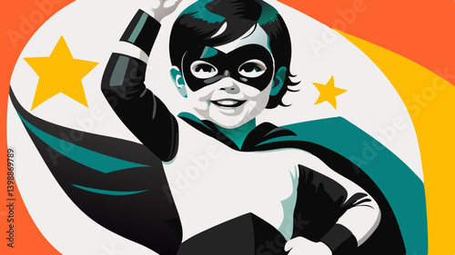 Young child poses confidently in superhero costume. Playful geometric style captures imaginative spirit. Concept: Children's Entertainment, Party Planning. Perfect for Halloween