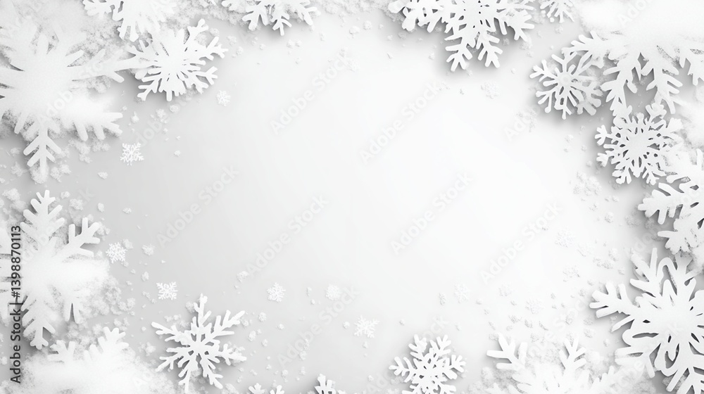 White Background with Paper Snowflakes and Simulated Snow Border White Background with Paper Snowflakes and Simulated Snow Border
