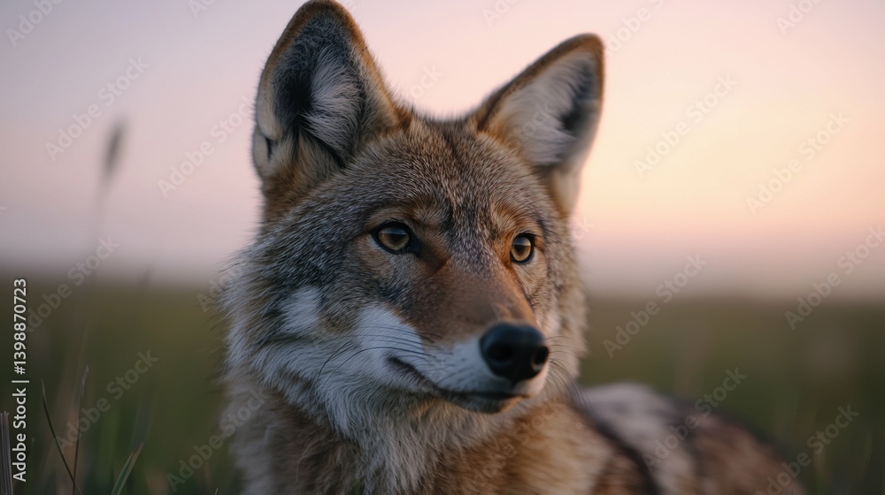Fototapeta premium A coyote is standing in a field with a bright orange face. The image has a peaceful and serene mood, as the coyote looks content and relaxed in its natural habitat