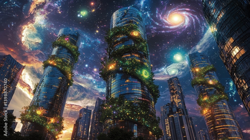 Obraz premium Biopunk cityscape futuristic architecture, cosmic nebula sky