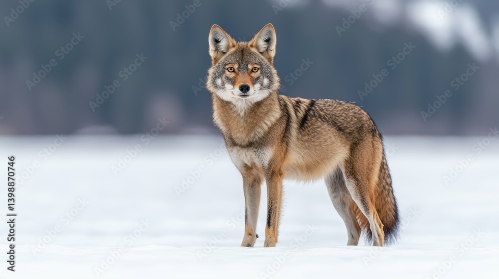 A coyote stands in the snow, looking at the camera. Concept of solitude and stillness, as the animal is alone in the vast, snowy landscape. The coyote's gaze seems to be focused on the viewer A coyote stands in the snow, looking at the camera. Concept of solitude and stillness, as the animal is alone in the vast, snowy landscape. The coyote's gaze seems to be focused on the viewer