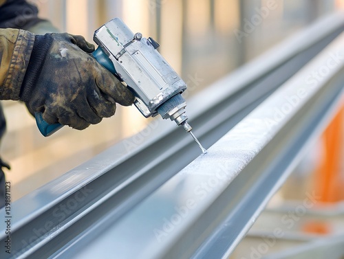 Worker Using Handheld Drill on Metal Beam