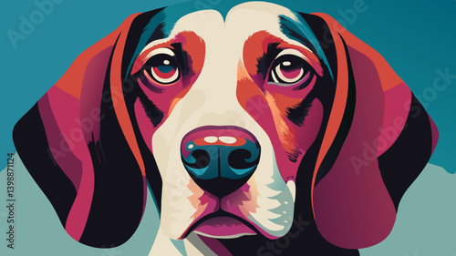 Playful dog portrait with expressive eyes looks at camera in whimsical pop art style. Vibrant colors capture pet's personality. Concept: pet care, animal art, beagle