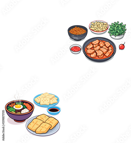 Vsai delicious asian food featuring bibimbap, meat stew, noodles, fried tofu, and salad