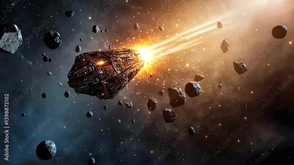 A sleek spaceship navigates a dense asteroid field, leaving vibrant glowing trails in its wake. Perfect for sci-fi themes!
