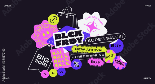 Set sale black friday stickers, patches, labels, tags for shopping. New collection of discounts. Vector set, trendy promo labels
