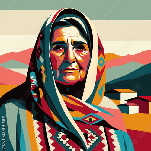 Elderly Armenian woman in traditional dress looks thoughtfully at camera Cultural heritage evident in ornate headscarf and jewelry Concept cultural heritage, museum, ethnic fashion, diversity educatio