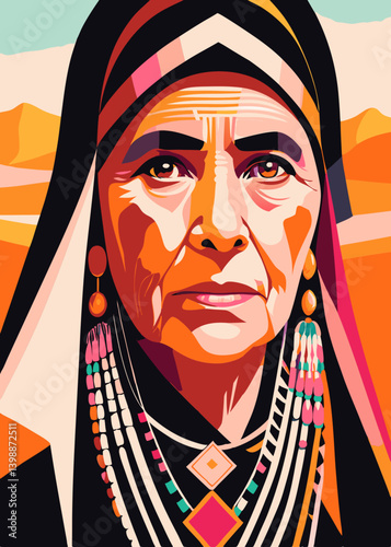 Berber elder gazes directly at viewer with knowing smile. Traditional North African attire with distinctive facial tattoos. Desert-inspired colors. Concept: cultural anthropology, indigenous art, worl