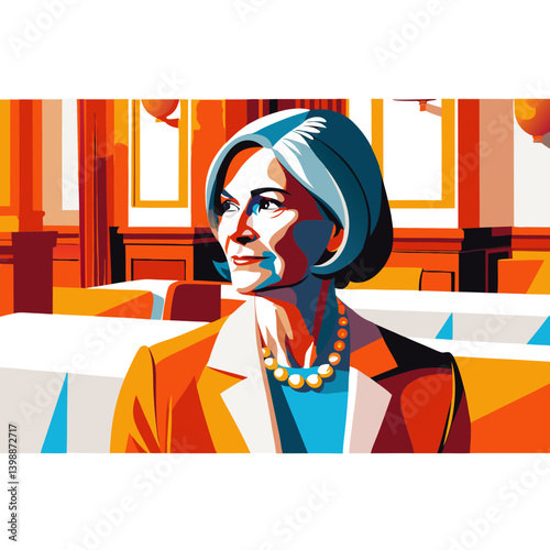 Elderly Confident French businesswoman looking directly at camera. Professional female executive in modern office setting. Concept: corporate leadership, women empowerment, professional services