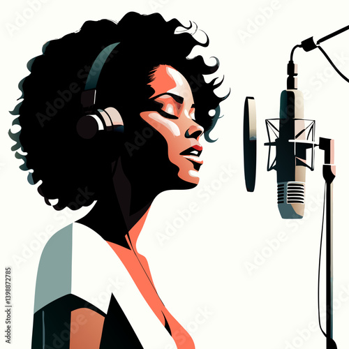 Young Black female vocalist looks directly at camera with confident smile, modern abstract background. Holiday concept: jazz festivals. Concept: music schools, talent agencies, vocal coaching