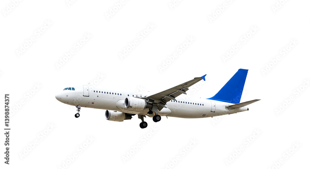 Fototapeta premium A white and blue airplane is flying in the sky against a black background in a side view shot image