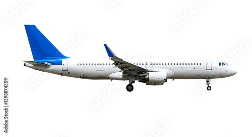 Side view of a white passenger airplane with blue tail fin isolated on a black background in the daytime