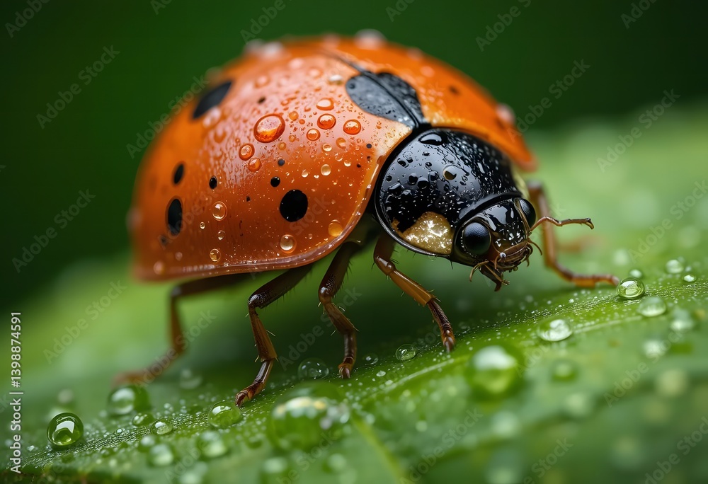 Fototapeta premium Ladybug on Leaf Covered in Water Droplets Close Up