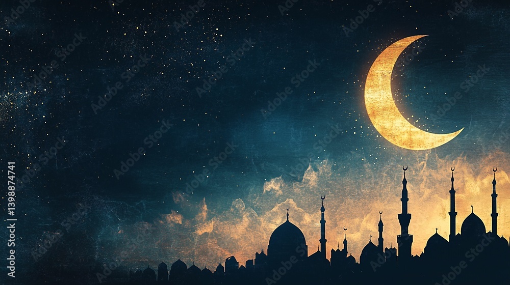 Fototapeta premium Ramadan background, with ample copy space for text and graphics, night sky with crescent moon and mosque silhouette. Horizontal web banner.