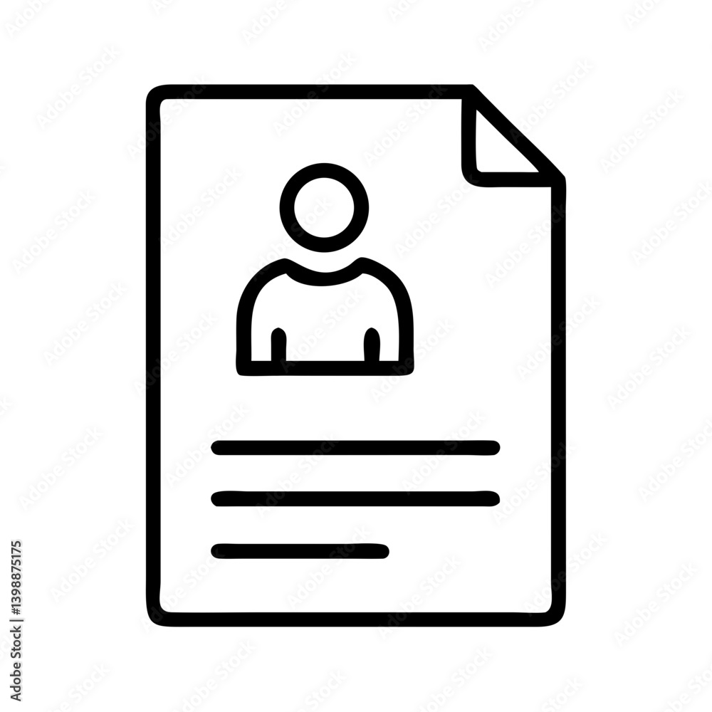 Black outline icon of personal resume document with user profile image and text lines on white background for job application Black outline icon of personal resume document with user profile image and text lines on white background for job application