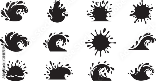 Monochrome Set of water wave splashes, falling aqua drops, sea or ocean waves. Blue water motion effects shape isolated on background, vector cartoon set
