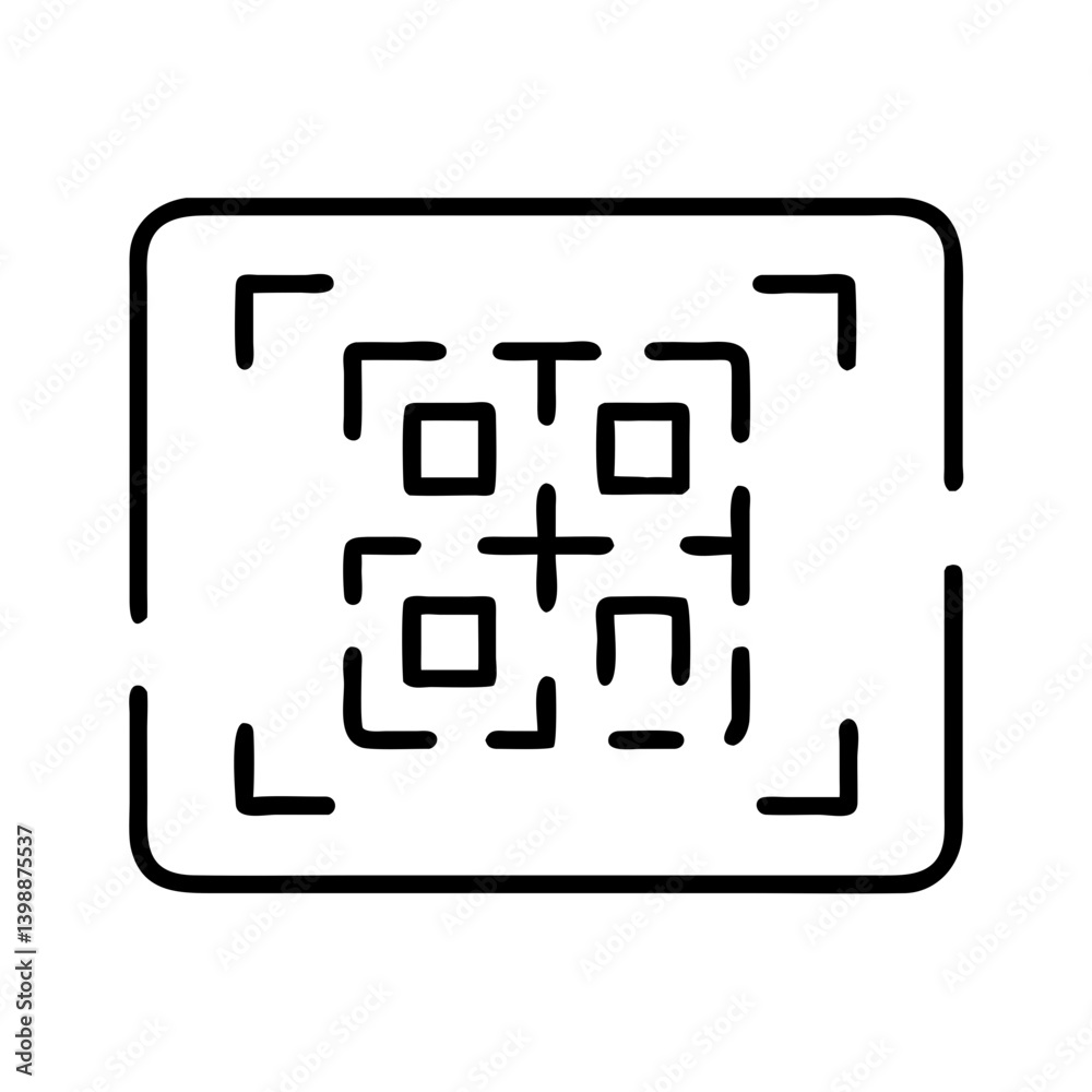 Black outline icon of QR code scanning interface with corner markers on white background for digital access and mobile payment Black outline icon of QR code scanning interface with corner markers on white background for digital access and mobile payment