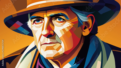 Man in vintage hat looks thoughtfully at camera, artistic portrait in warm oranges and blues. Classic style with modern edge. Concept: men's fashion, portrait photography, vintage clothing
