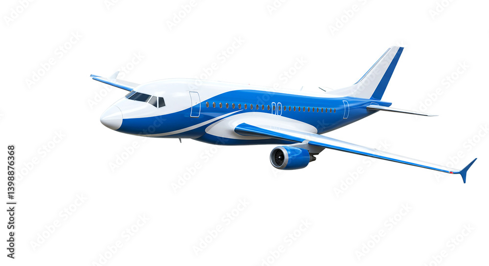 Fototapeta premium A blue and white airplane with visible engine and wings against a black background in side view
