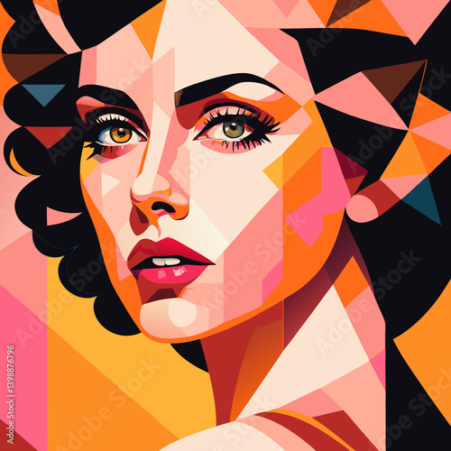 Vibrant geometric pop art portrait of glamorous woman with intense gaze and dark curly hair on orange backdrop. Great for beauty magazines, cosmetic ads, or fashion branding. Concepts: glamour, beauty