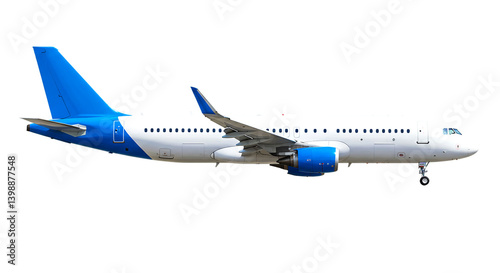 Side view of a white airplane with blue accents on a black background showcasing travel and aviation