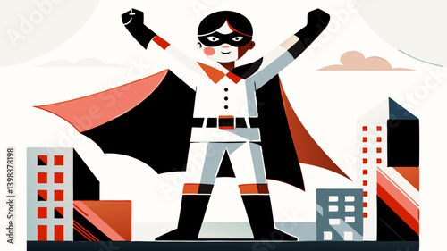 Urban Superhero Child: Triumphant Young Hero Stands Against City Skyline. Concept: Youth Empowerment, Marketing