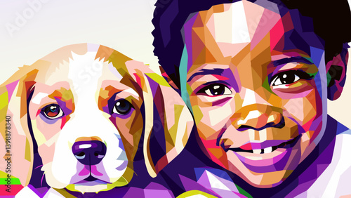 Joyful Black boy looking at camera with pop art puppy — pet bond concept for pet care, child therapy, adoption awareness
