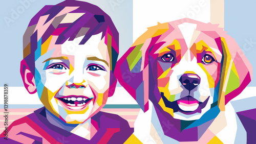 Smiling boy looking at camera with Labrador puppy — colorful friendship concept — pet lifestyle, kids products, family storytelling brands.