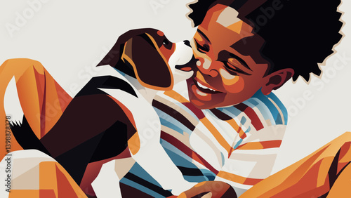 Black boy smiling, looking at camera while hugging a Beagle puppy, at home — heartwarming stock concept — pet care, youth charities, family brands.
