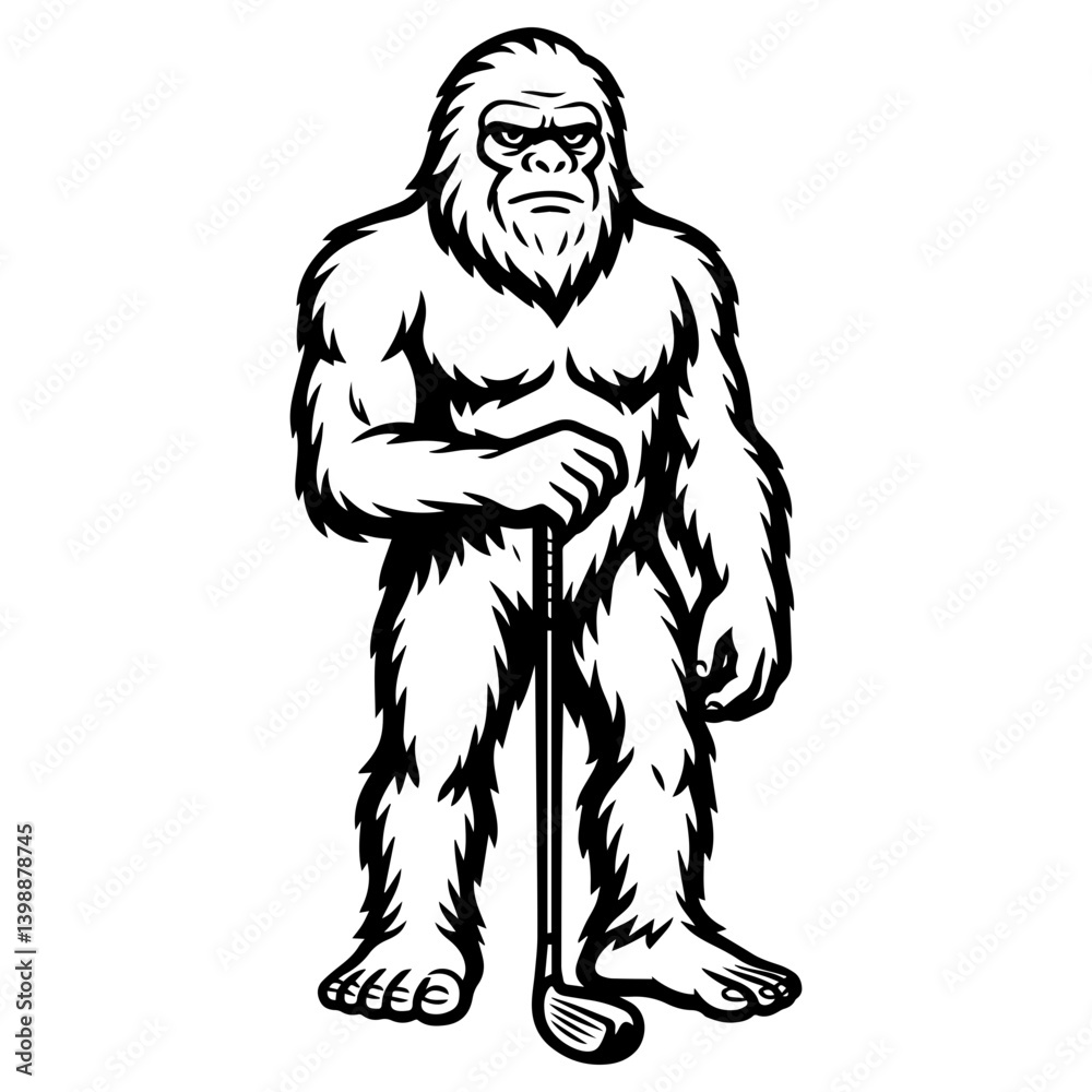 Confident yeti standing with a golf club in hand. Cool black and white line art Confident yeti standing with a golf club in hand. Cool black and white line art